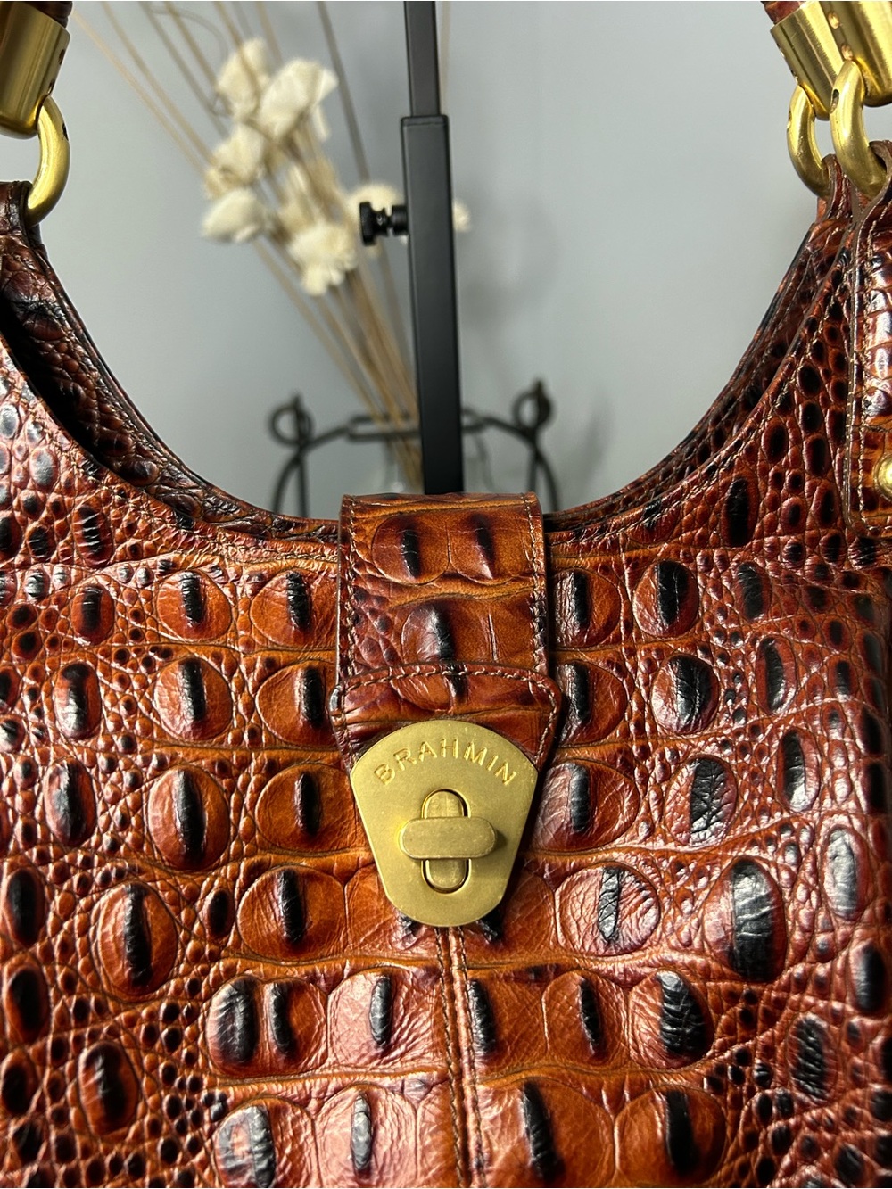 Brahmin Melbourne Elise Pecan Croc Embossed Satchel Bag - Picture 4 of 13